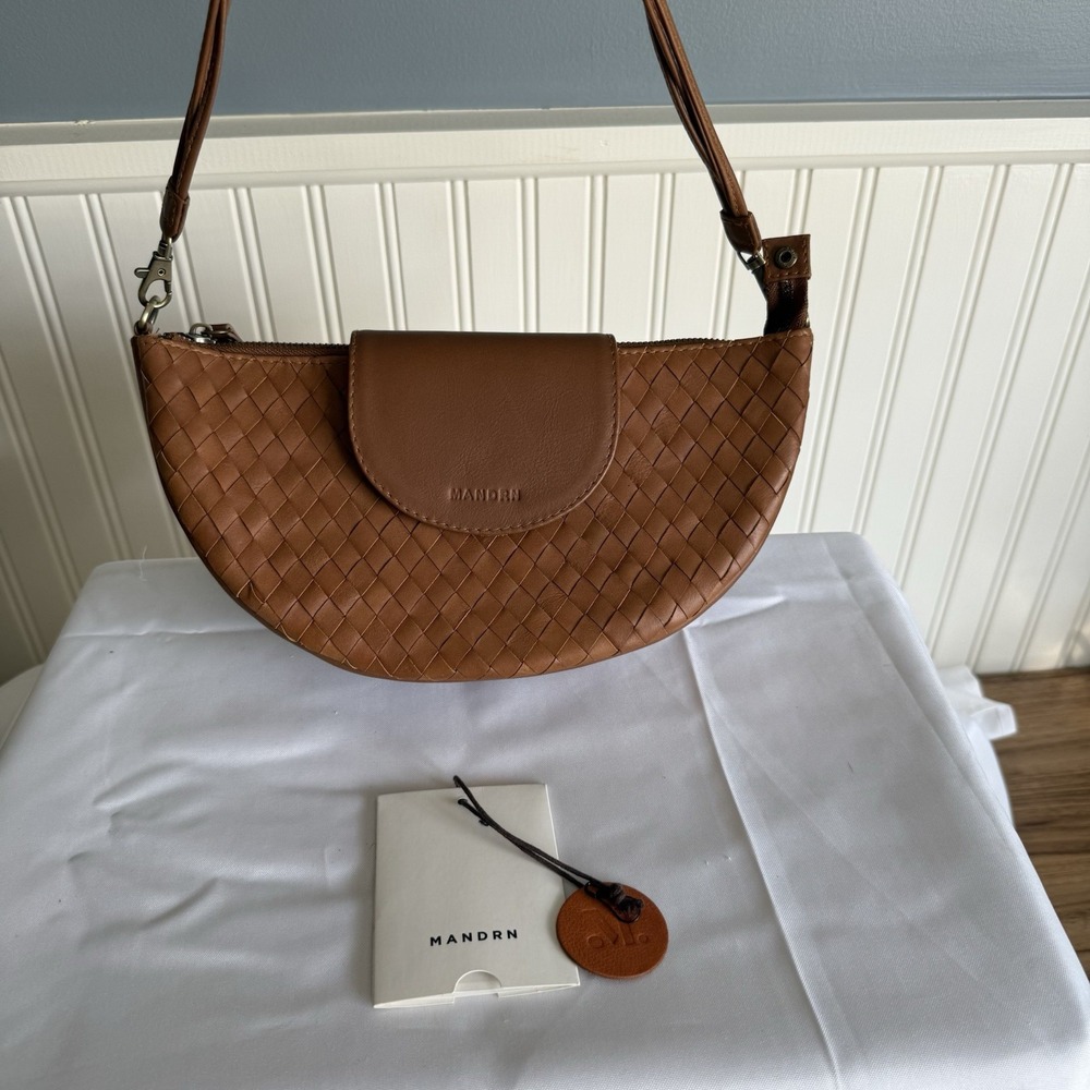 Mandrn Naomi Woven Tan Leather Shoulder Bag Purse Handbag Made In Bali - Picture 15 of 16
